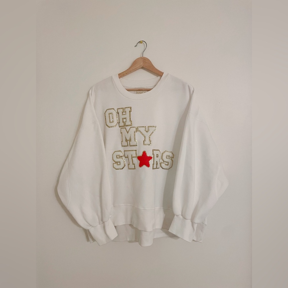 Judith March Oh My Stars white crewneck sweatshirt size XL Sequin glitter